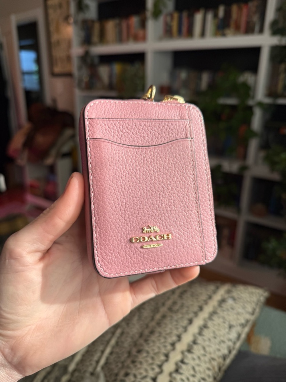 Coach True Pink Pebbled Leather Zip Card Case with Gold Logo